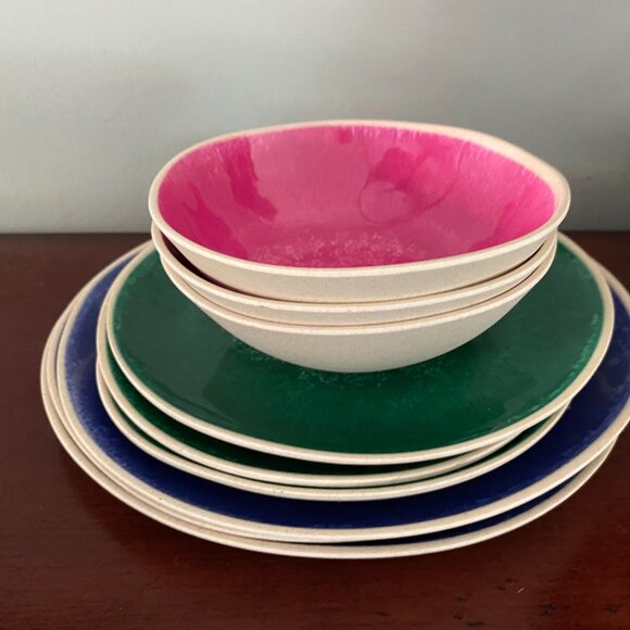 Anthropologie DAKOTA Melamine 9pc Blue Green Pink Plates & Bowls Set - NEW - Picture 2 of 4